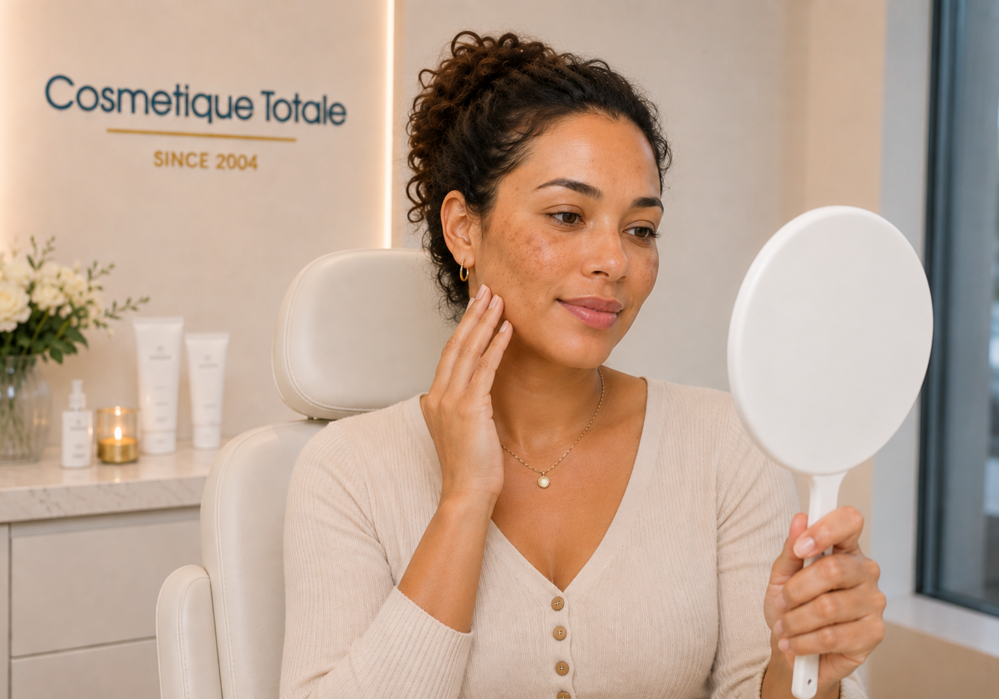 Vrouw met hyperpigmentatie kijkt in de spiegel en krijgt een laserbehandeling bij Cosmetique Totale