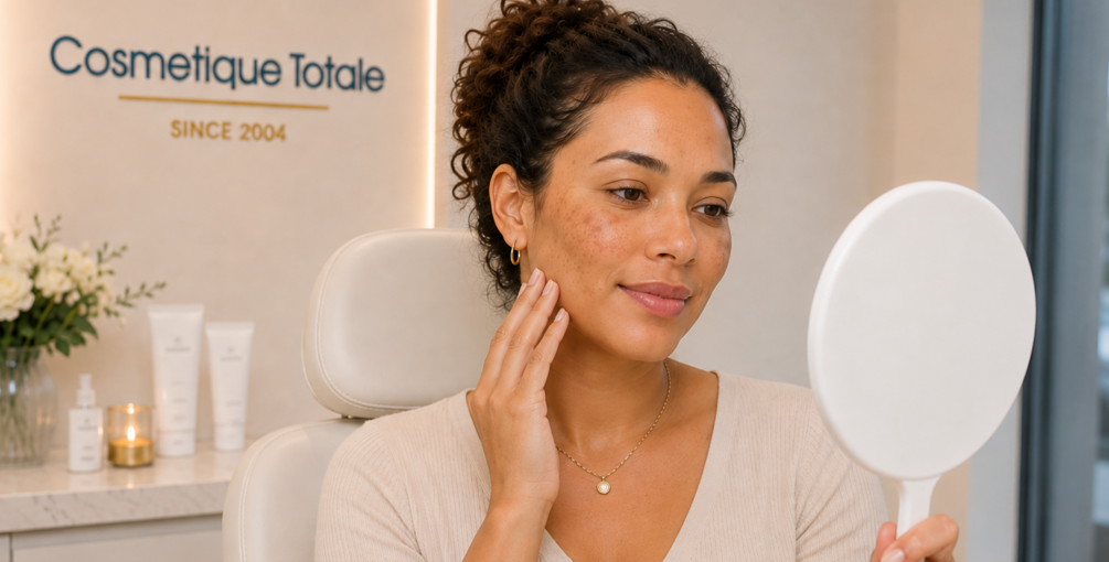 Vrouw met hyperpigmentatie kijkt in de spiegel en krijgt een laserbehandeling bij Cosmetique Totale