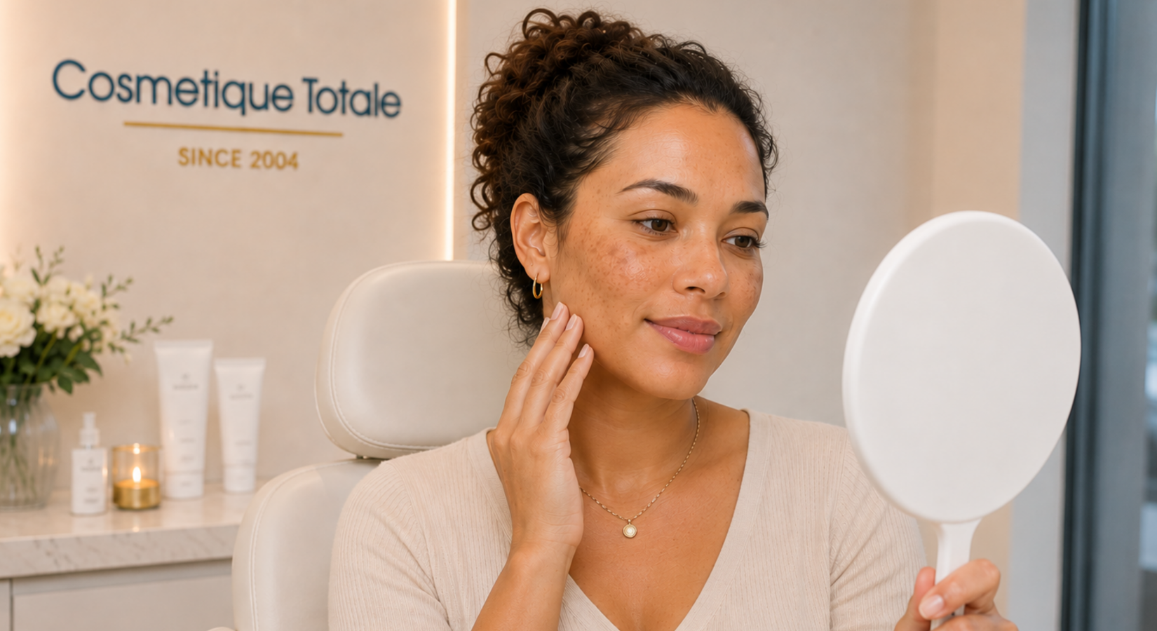 Vrouw met hyperpigmentatie kijkt in de spiegel en krijgt een laserbehandeling bij Cosmetique Totale